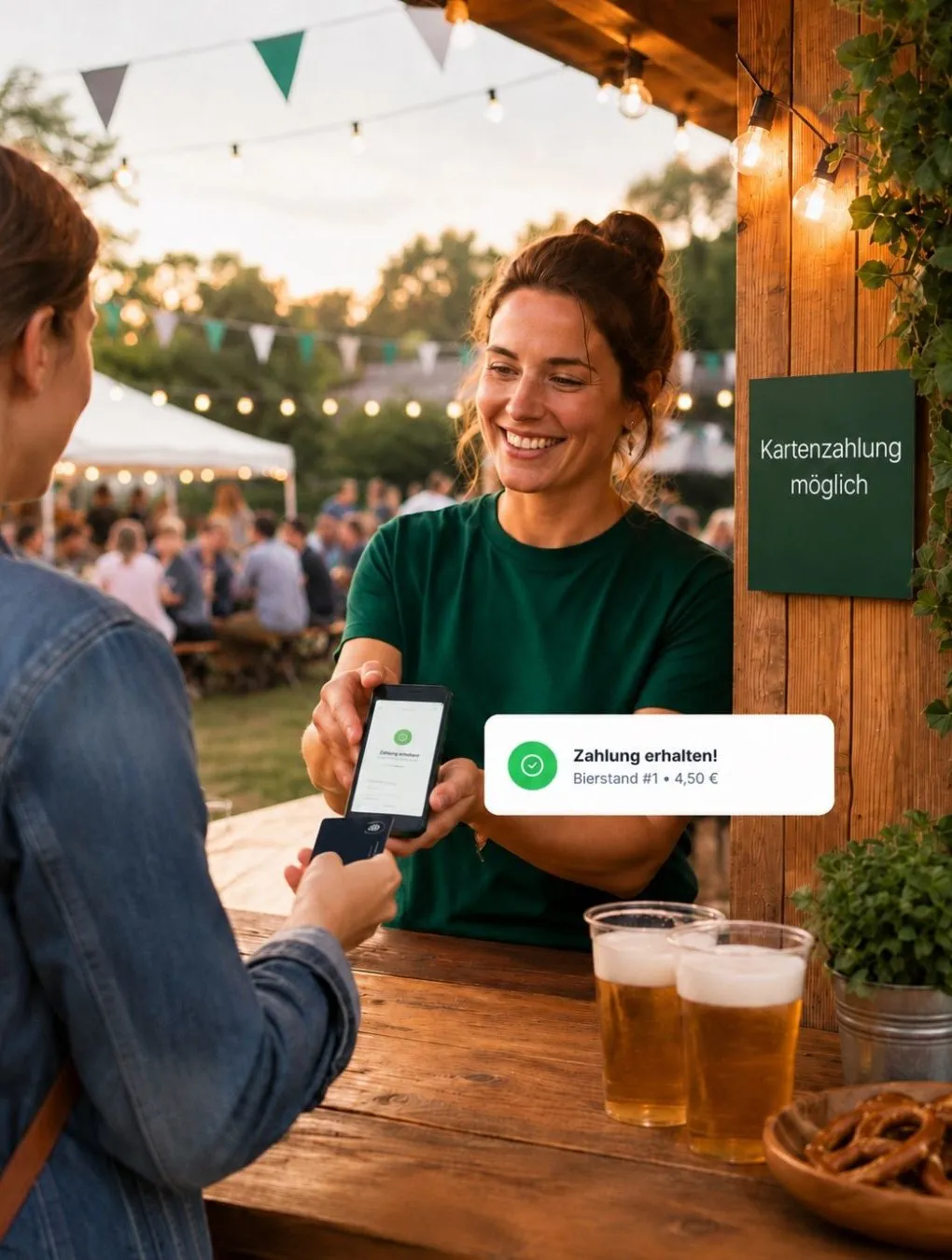 Helferin am Getränkestand eines Vereinsfests hält ein Smartphone hin, ein Gast bezahlt mit Karte; auf dem Schild daneben steht „Kartenzahlung möglich“
