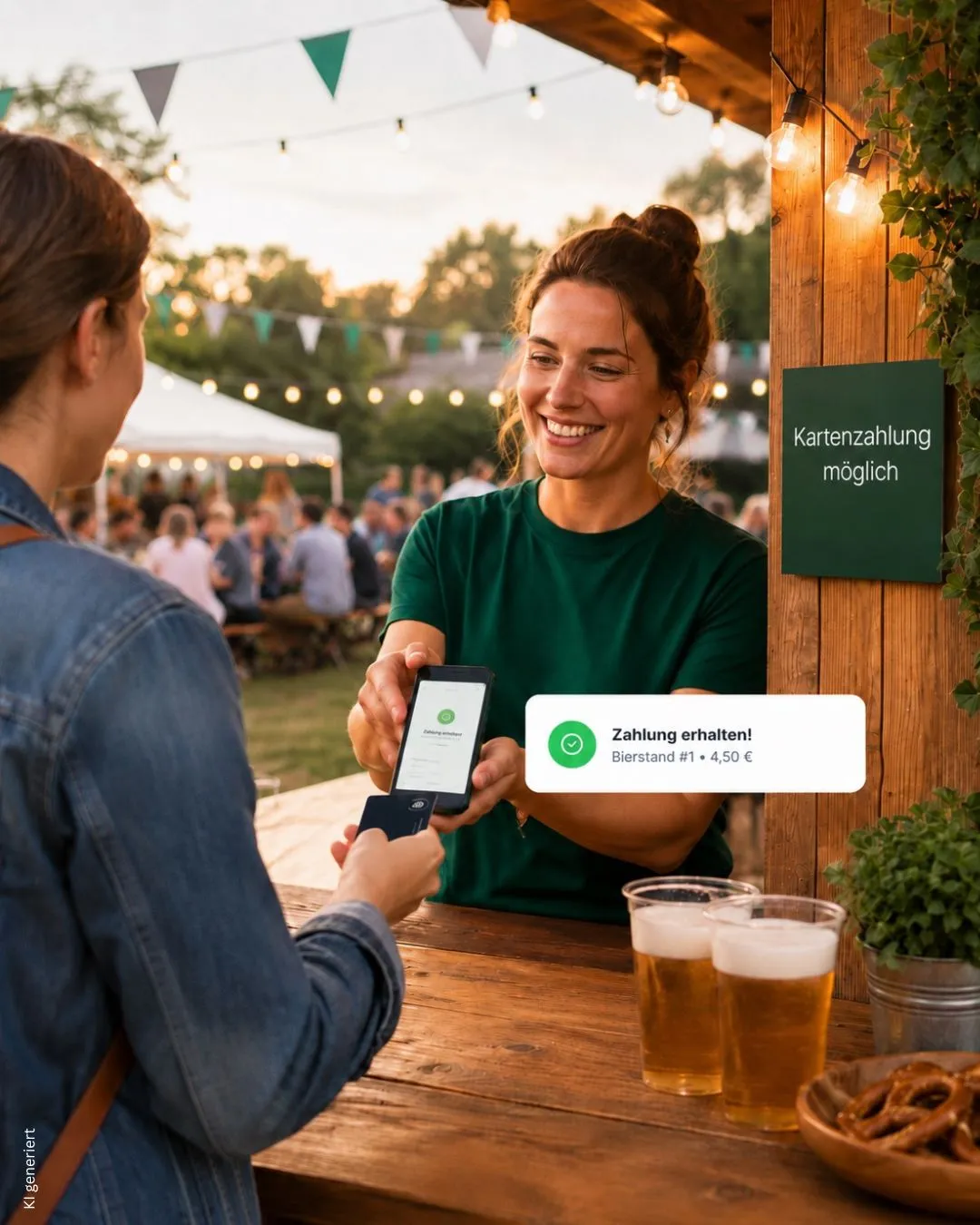 Helferin am Getränkestand eines Vereinsfests nimmt eine Kartenzahlung mit dem Smartphone entgegen