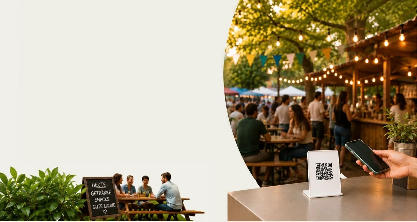 Vereinsfest mit Biertischen unter Lichterketten; am Tresen steht ein QR-Code-Aufsteller, ein Gast hält sein Handy davor