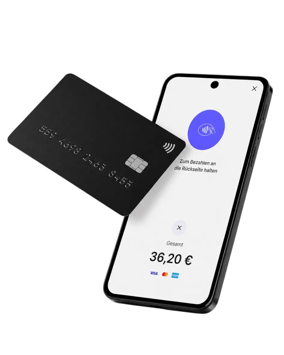 Smartphone zeigt einen Betrag von 36,20 € und die Aufforderung, die Karte an die Rückseite zu halten; daneben eine Bankkarte