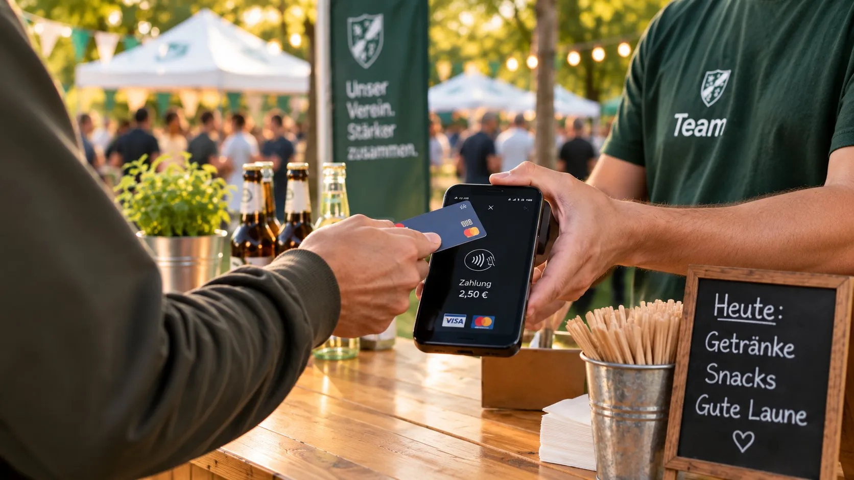 Am Getränkestand eines Vereinsfests hält ein Gast seine Bankkarte an das Smartphone eines Helfers; auf dem Bildschirm steht eine Zahlung über 2,50 €