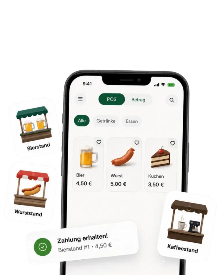Smartphone mit dem booxos-Kassensystem: Artikel Bier, Wurst und Kuchen mit Preisen, daneben die Stände Bierstand, Wurststand und Kaffeestand und eine Meldung über eine erhaltene Zahlung
