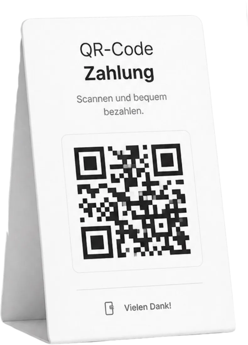Aufsteller mit QR-Code und der Aufschrift „Scannen und bequem bezahlen"