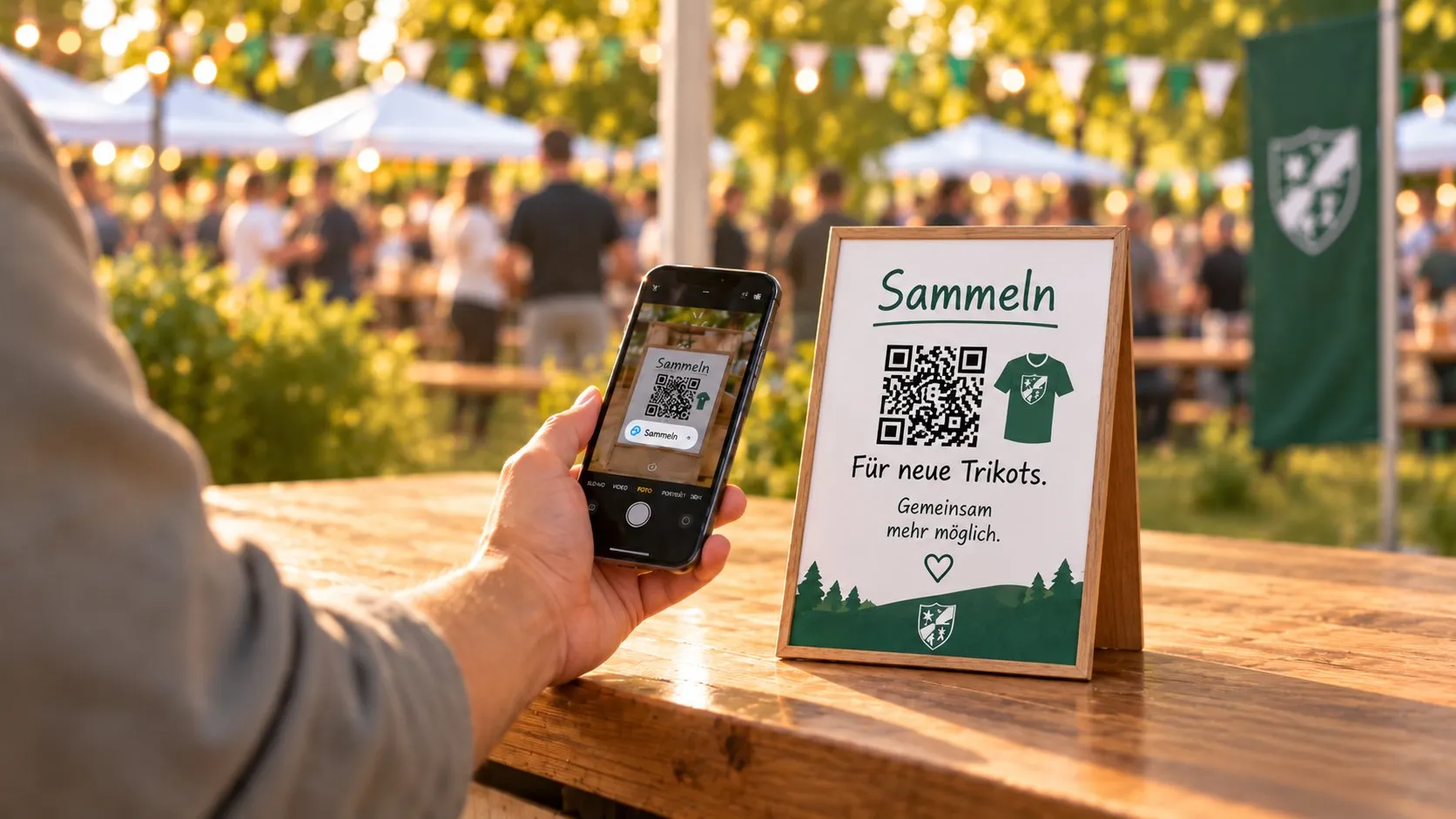 Auf einem Biertisch steht ein Aufsteller mit QR-Code und der Aufschrift „Sammeln – für neue Trikots“; ein Gast richtet sein Handy darauf