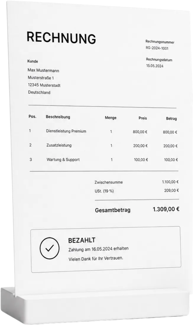 Rechnung mit Positionen, Summe und dem Vermerk „Bezahlt"