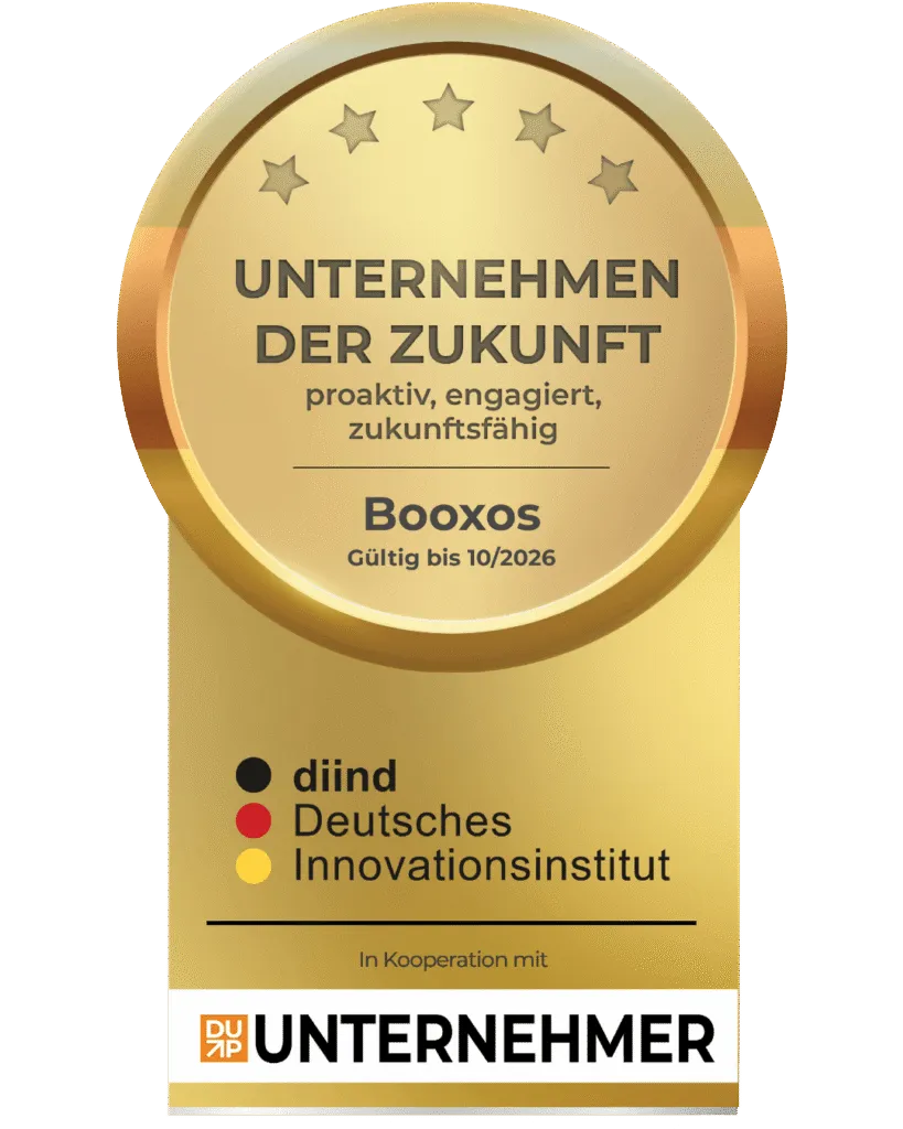 Siegel „Unternehmen der Zukunft“ für Booxos, verliehen vom diind – Deutsches Innovationsinstitut, gültig bis 10/2026