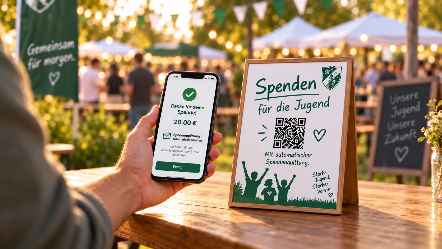 Auf einem Biertisch steht ein Aufsteller „Spenden für die Jugend“ mit QR-Code; daneben zeigt ein Handy die Bestätigung über eine Spende von 20 Euro
